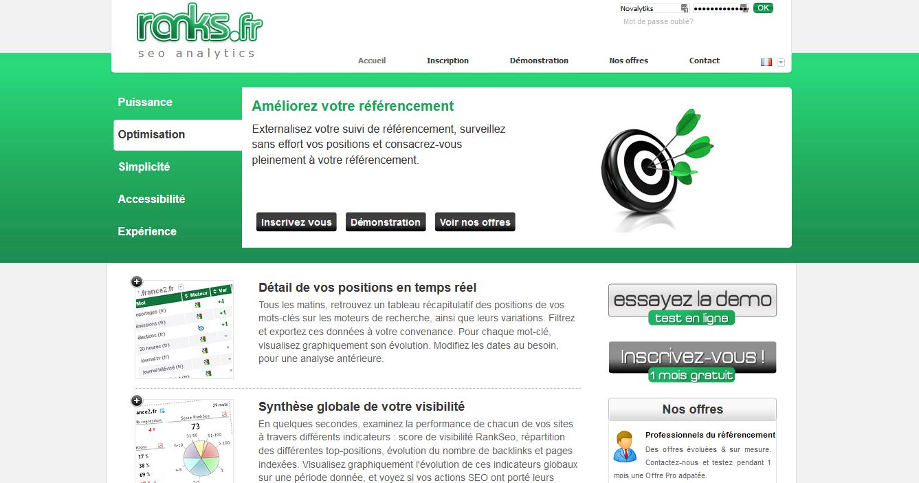 Interface de l'outil Ranks.fr