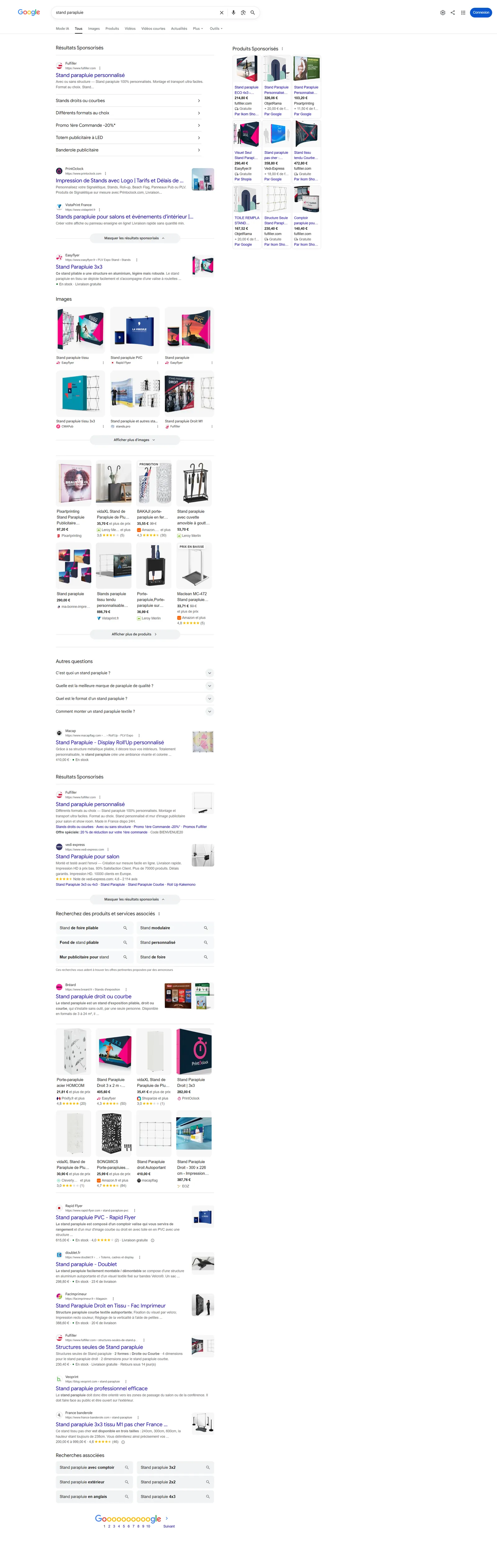 Page de résultats Google complète pour la requête stand parapluie, montrant deux blocs d'annonces, un pack Images, deux grilles de produits et neuf résultats organiques dispersés